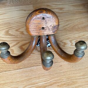 Vintage antique wall hat rack. Wood brass 3 hooks One of a kind.
